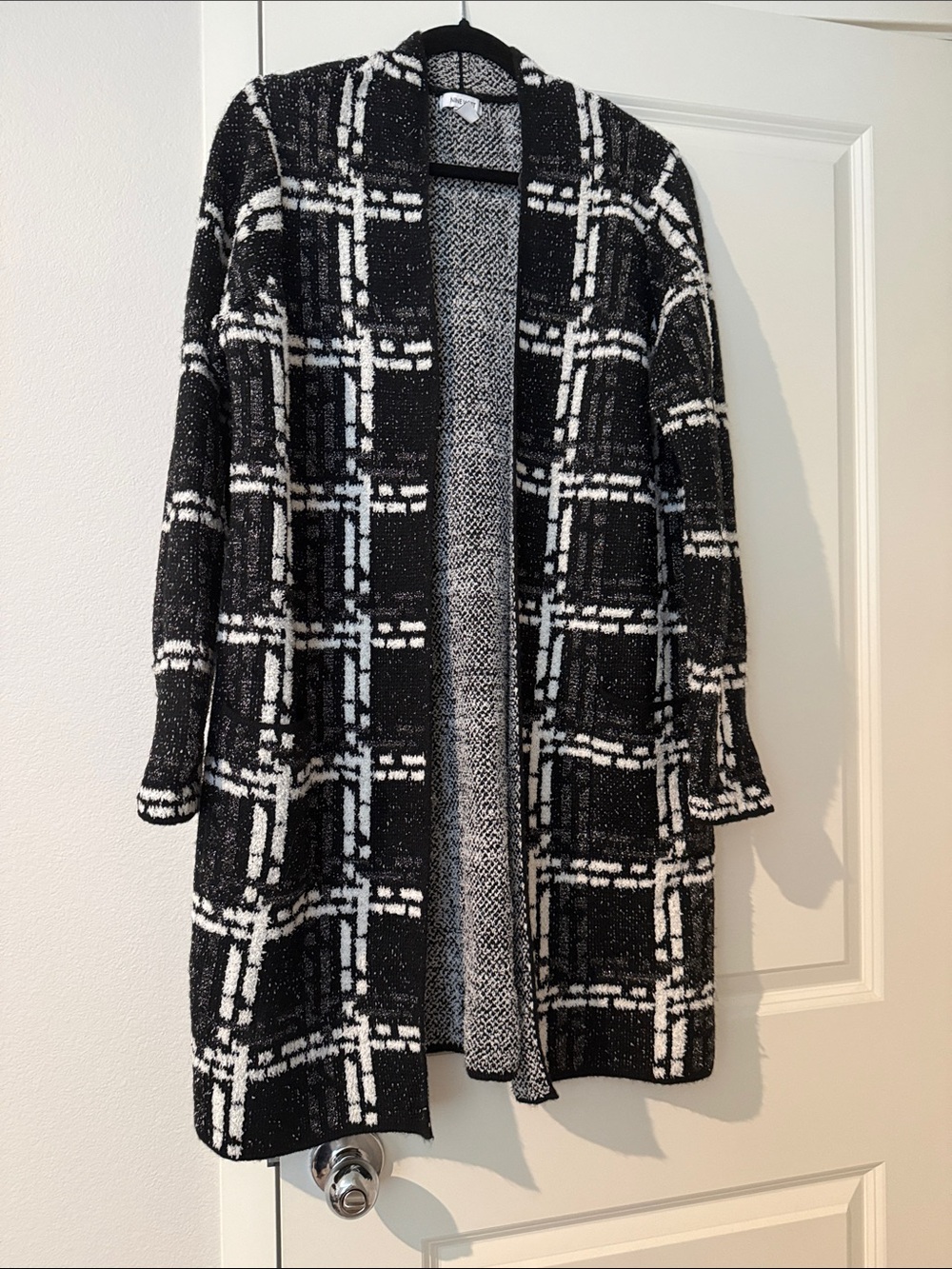 Nine West Black & White Plaid Long Open-Front Cardigan